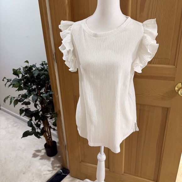 Anthropologie THML Women’s White Joselyn Top Small Ruffle Cap Sleeves Stretch - Picture 13 of 14